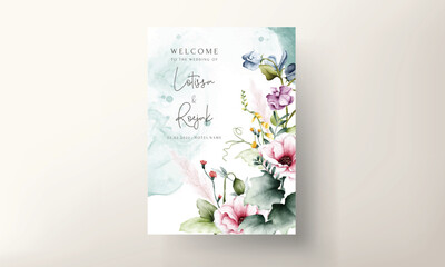 wedding invitation card with flowers and leaves watercolor