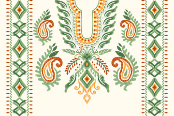 Neckline Ikat floral paisley embroidery on white background.Ikat ethnic oriental pattern traditional.Aztec style abstract vector illustration.design for texture,fabric,clothing,fashion women wearing.