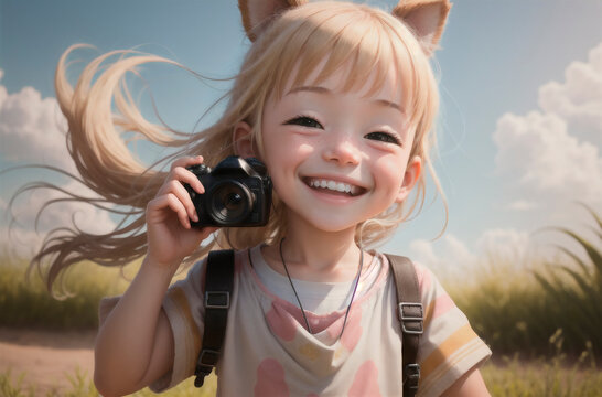 Little girl photographer. Portrait of happy kid with photocamera. Generative AI.