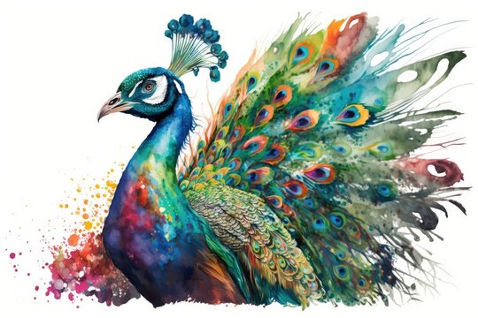 A colorful peacock spreading its feathers, painted with vibrant and iridescent watercolors Generative AI