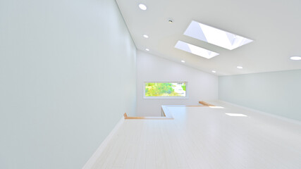 An attic with sky blue wallpaper and a window on the ceiling, giving off a bright feeling