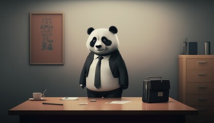 panda wearing black suit standing behind desk illustration business concept business pastel background