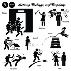 Stick figure human people man action, feelings, and emotions icons alphabet V. Vacate, validate, vacillate, value, vanish, vault, vanquish, veer, and vent...