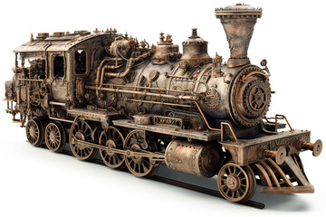 Fototapeta na wymiar Model of the old steam locomotive on a white background. Generative AI