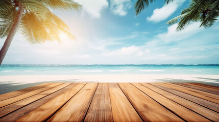 Wood table top on blur tropical beach background - can be used for display or montage your products. Generative AI