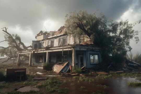 Abandoned house in the rain. Conceptual image of disaster, Generative AI