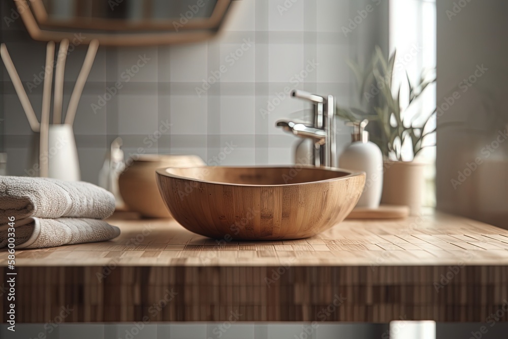 Canvas Prints rustic wooden bowl displayed on a wooden table created with Generative AI technology