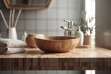 rustic wooden bowl displayed on a wooden table created with Generative AI technology