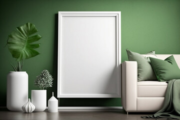 A modern living room featuring elegant furniture, green wall, blank wall art. Generative ai design