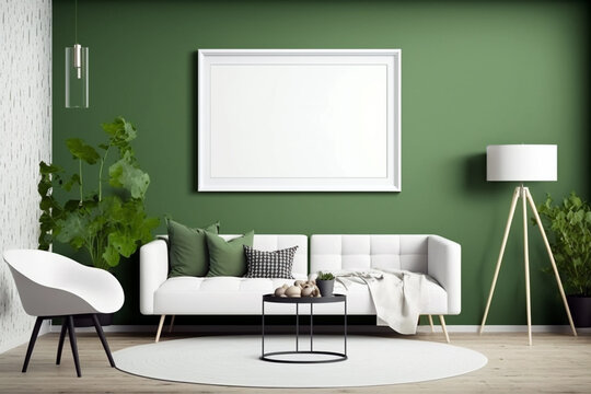 A modern living room featuring elegant furniture, green wall, blank wall art, lit by a modern electric lamp. Generative ai design