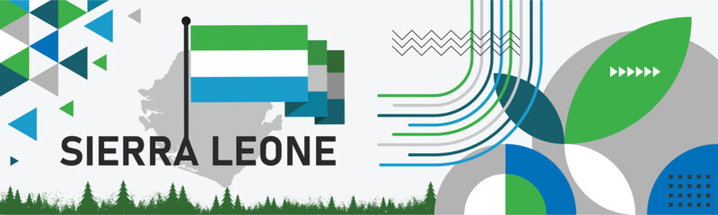 Sierra Leone national day banner with map, flag colors theme background and geometric abstract retro modern green white blue design. Sierra Leone flag Africa Vector Illustration.