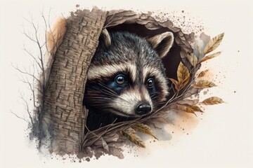 A curious raccoon peeking out of a tree, with a watercolor background featuring shades Generative AI - obrazy, fototapety, plakaty