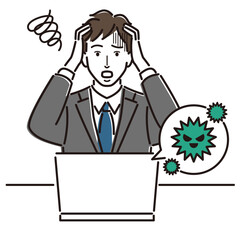 ノートパソコン　ウイルス感染　頭を抱える　ビジネスマン　男性　会社員