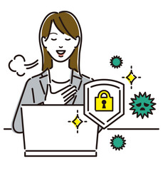ノートパソコン　セキュリティ対策　ホッとする女性　女性ビジネスパーソン　会社員