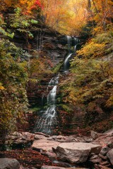 Scenic view of the Cathedral Falls with autumnal vegetation in West Virginia. Vertical shot
