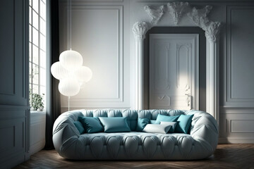 Fototapeta na wymiar Futuristic living room with a comfortable sofa bed and stylish furniture. Generative ai interior