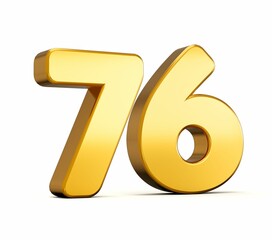 3d illustration of golden number seventy six isolated on white background with shadow
