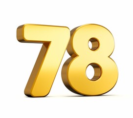 3d illustration of golden number seventy eight isolated on white background with shadow