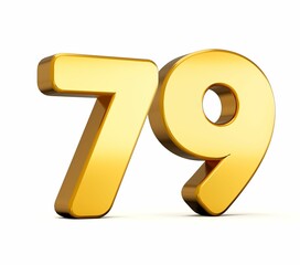 3d illustration of golden number seventy nine isolated on white background with shadow