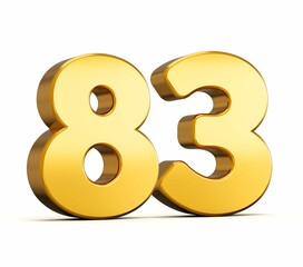 3d illustration of golden number Eighty three isolated on white background with shadow