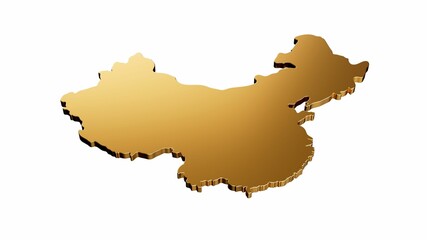 3D rendering of a luxurious golden China map isolated on a white background