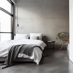 Editorial Style photo High angle Minimalistic Bedroom Bed Concrete, Linen Minimal Decor White, Black, Gray IKEA Artificial Tokyo Midday Calm, Serene Contemporary Home