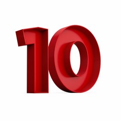 3d rendering of the red number 10 isolated on the empty white background