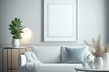 A bright white living room featuring stylish furniture, a vibrant plant and empty wall art mock up. Generative ai interior