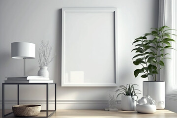 Naklejka na ściany i meble Modern living room with empty blank picture frame mockup in scandinavian style on grey wall. Generative ai interior design
