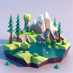 Low poly render of a landscape with a mountains and lake. generative ai