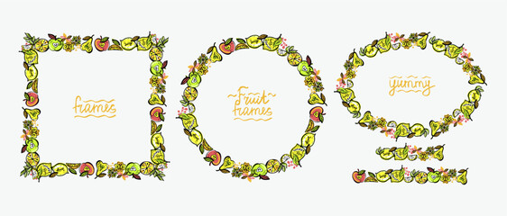 Fruit frames set and fruit brushes set, graphic illustration with oval, round and square borders for vegetarian food