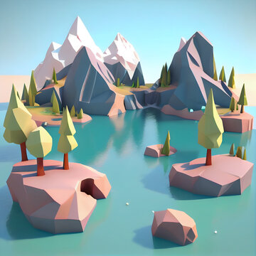 Low poly render of a landscape with a mountains and lake. generative ai