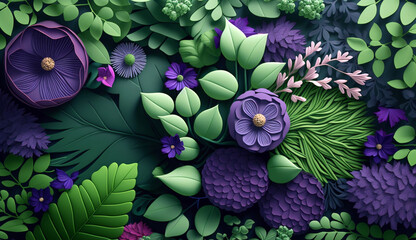 Spring pattern design green foliage and blooming flowers. Generative AI.