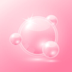 Pink collagen solution. Vitamins serum and hyaluronic acid skincare. Substance for beauty cosmetic with chemical formula from nature. Medical scientific concept. 3D Realistic Vector.