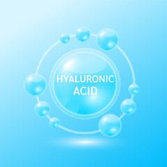 Blue hyaluronic acid solution. Substance for beauty cosmetic with chemical formula from nature. Vitamins serum and collagen skin care radius ring surrounds. Medical scientific concept. 3D Vector.