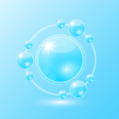 Blue hyaluronic acid solution. Collagen serum and moisturizer skin care radius ring surrounds. Substance for beauty cosmetic with chemical from nature. Medical scientific concept. 3D Vector.