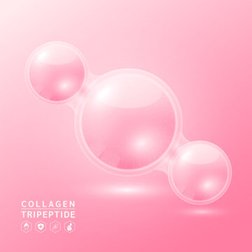 Pink collagen tripeptide solution. Substance for beauty cosmetic with chemical formula from nature. Vitamins serum and hyaluronic acid skincare. Medical scientific concept. 3D Realistic Vector.