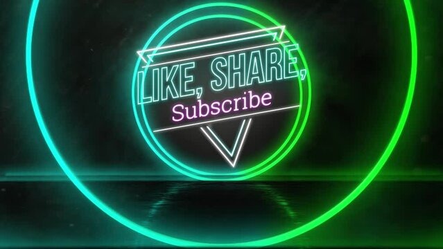 Animation of like share subscribe text over neon circles on black background