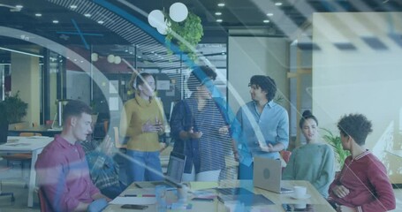 Animation of round scanner and data processing over diverse colleagues discussing together at office