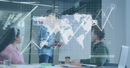 Animation of world map and data processing over caucasian senior man giving a presentation at office - Powered by Adobe