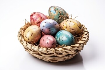 Fototapeta na wymiar basket overflowing with brightly painted Easter eggs in various colors and patterns created with Generative AI technology