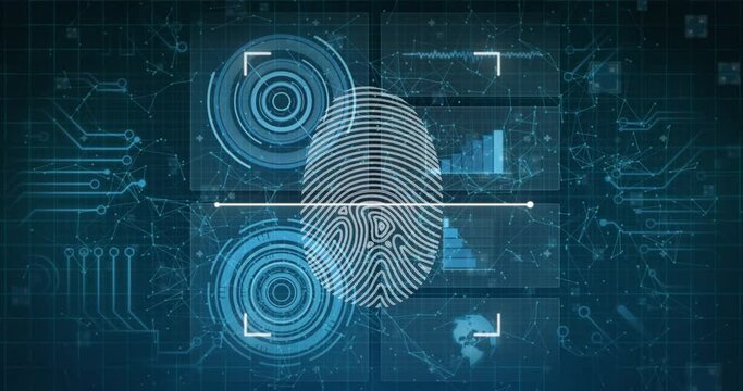 Animation of biometric fingerprint scanner against interface with data processing on blue background