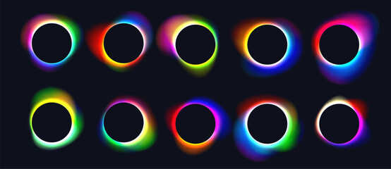 Black frames with blurred colorful gradients, glowing circles with holographic light blur effect. Trendy vivid futuristic blurry square banner, neon fluid gradient elements. Vector illustration set.
