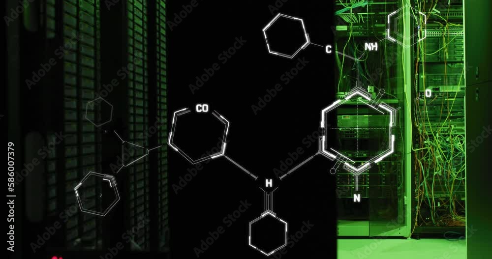 Poster animation of molecule structures over illuminated server room in background