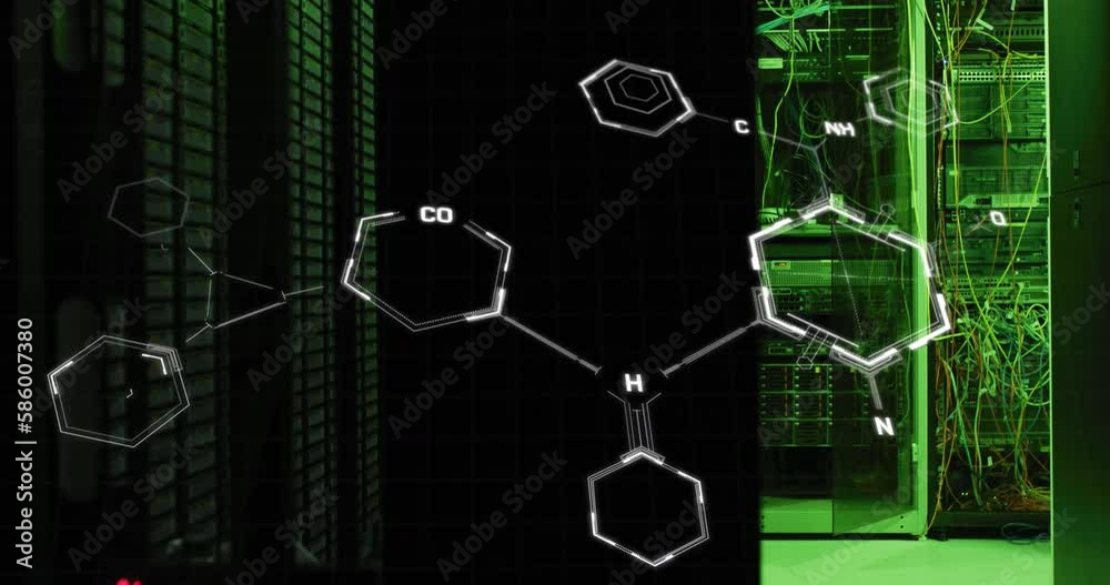 Poster animation of molecule structures over illuminated server room in background