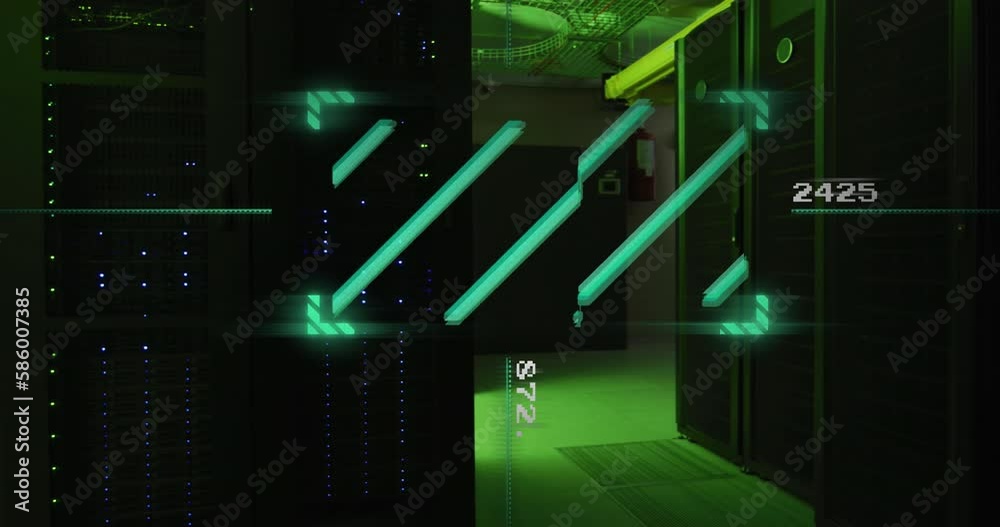 Poster animation of lines in viewfinder with changing numbers against illuminated server room in background
