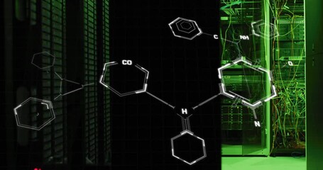 Animation of molecule structures over illuminated server room in background - Powered by Adobe