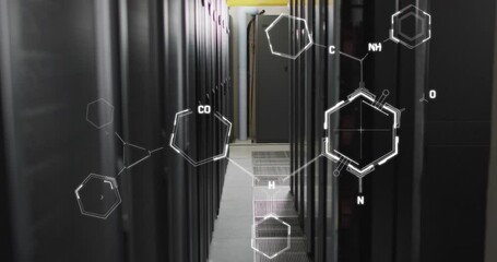 Animation of molecule structures against server room in background - Powered by Adobe