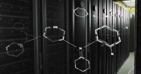 Animation of molecule structures connected with lines against server room - Powered by Adobe