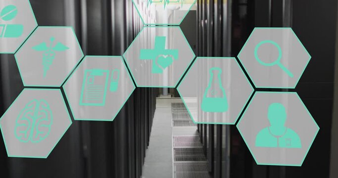 Animation of blue icon in hexagons over corridor of server room in background